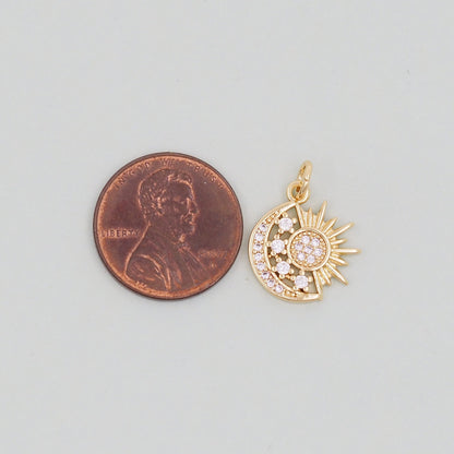 Gold Moon Star Charms,18K Gold Filled CZ Sun Pendant,Celestial Charm Bracelet Necklace for DIY Jewelry Making Supply