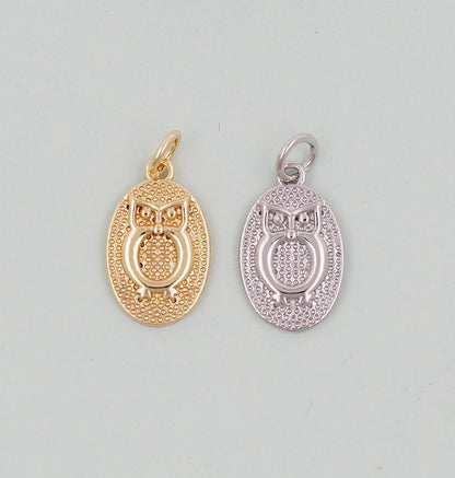 Gold Owl Charms,18K Gold Filled owl Pendant,Silver Oval owl Charm Bracelet Necklace for DIY Jewelry Making Supply