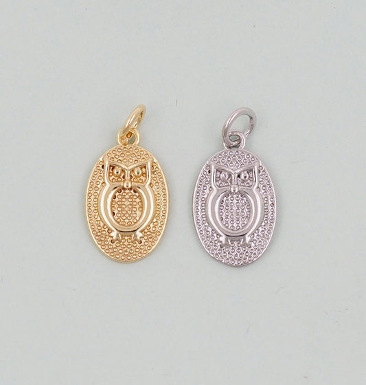 Gold Owl Charms,18K Gold Filled owl Pendant,Silver Oval owl Charm Bracelet Necklace for DIY Jewelry Making Supply