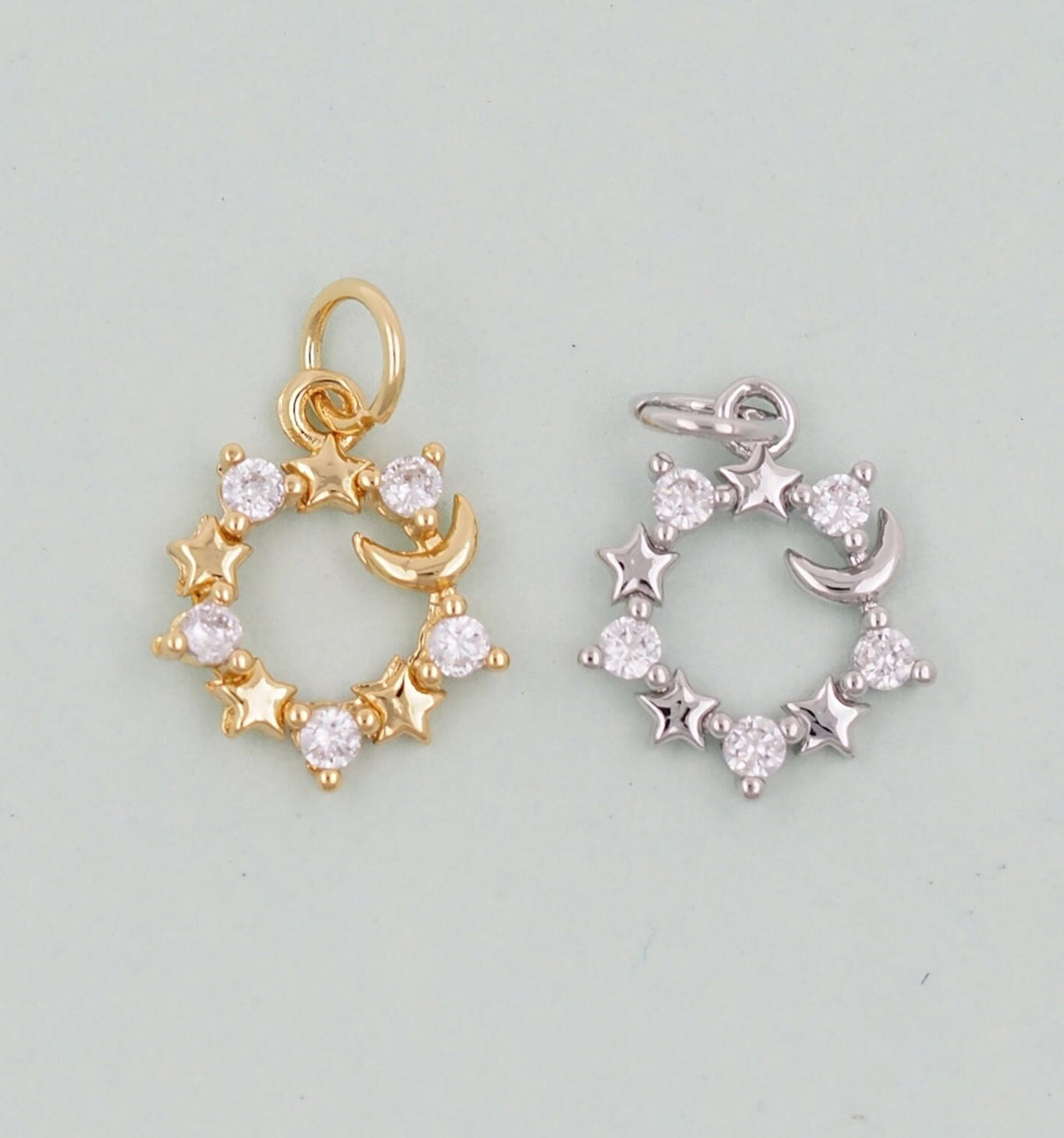 Gold Moon Star Charms,18K Gold Filled CZ Moon Pendant,Celestial Charm Bracelet Necklace for DIY Jewelry Making Supply