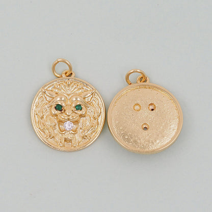 Gold lion head Charms,18K Gold Filled Round Coin Pendant,geometry Charm Bracelet Necklace for DIY Jewelry Making Supply
