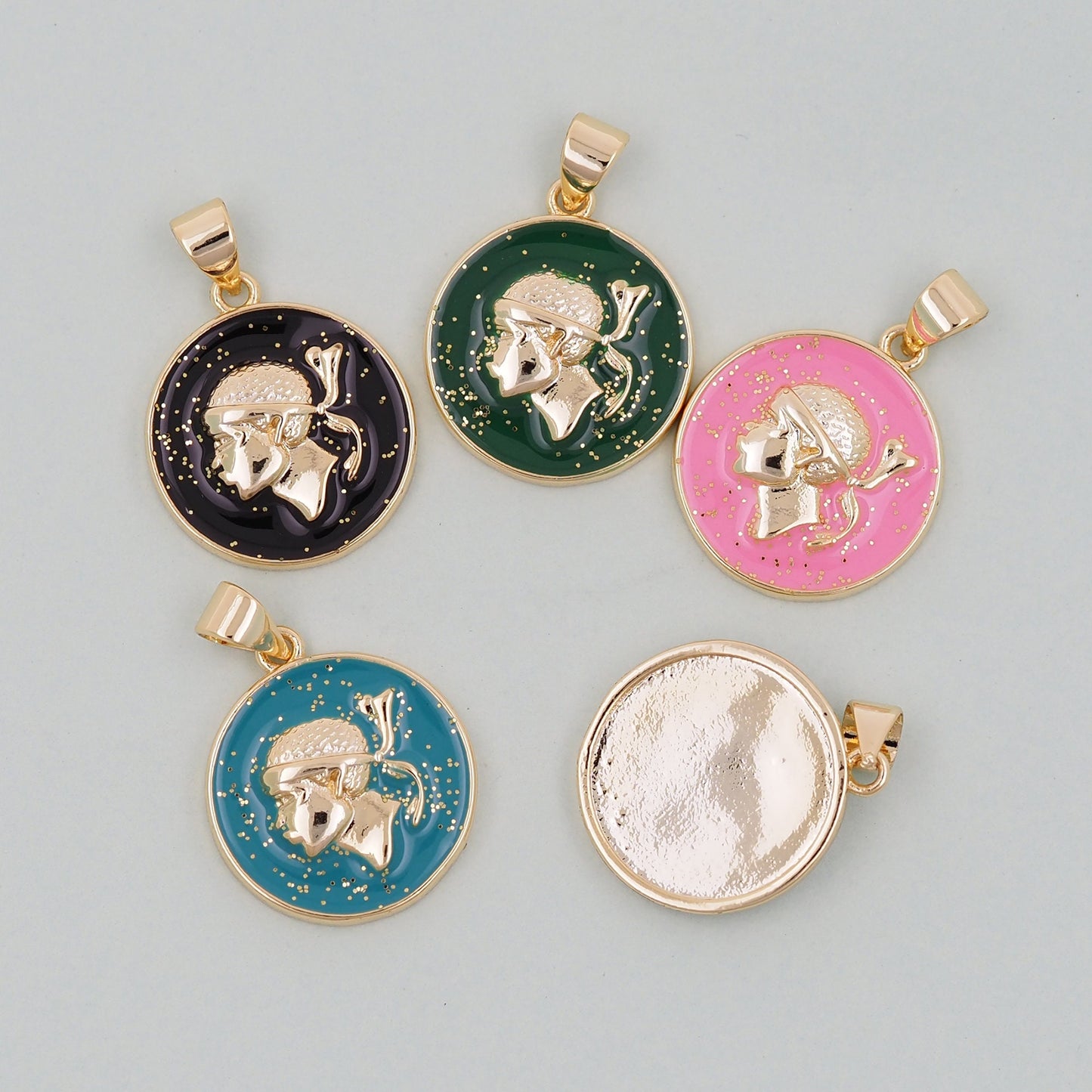 Gold Geometry Enamel Charms,18K Gold Filled Round Coin Pendant,geometry Charm Bracelet Necklace for DIY Jewelry Making Supply