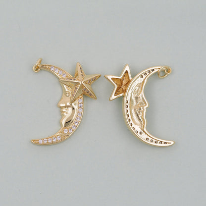 Gold Moon Star Charms,18K Gold Filled Moon Pendant,CZ Micro Pave Celestial Charm Bracelet Necklace for DIY Jewelry Making Supply