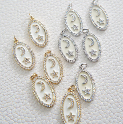 Gold Moon Star Charms,18K Gold Filled CZ Oval Moon Pendant,Celestial Charm Bracelet Necklace for DIY Jewelry Making Supply