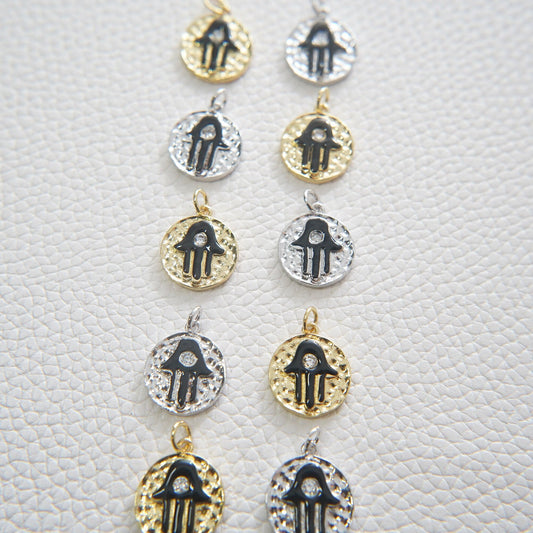 Gold Round Coin Hamsa Charms,18K Gold Filled CZ Hamsa Pendant,Silver Hamsa Protection Charms Bracelet Necklace for DIY Jewelry Making Supply