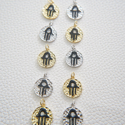 Gold Round Coin Hamsa Charms,18K Gold Filled CZ Hamsa Pendant,Silver Hamsa Protection Charms Bracelet Necklace for DIY Jewelr