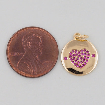 Gold Round Coin Heart Charms,18K Gold Filled Heart Pendant,Heart Charm Bracelet Necklace for DIY Jewelry Making Supply