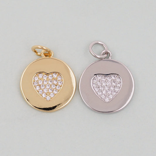 Gold Round Coin Heart Charms,18K Gold Filled Heart Pendant,Heart Charm Bracelet Necklace for DIY Jewelry Making Supply
