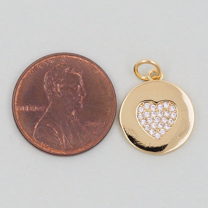 Gold Round Coin Heart Charms,18K Gold Filled Heart Pendant,Heart Charm Bracelet Necklace for DIY Jewelry Making Supply