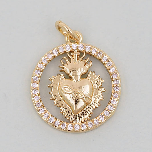 Gold sacred Heart Charms,18K Gold Filled sacred heart Pendant,Round Religious Charm Bracelet Necklace for DIY Jewelry Making Supply