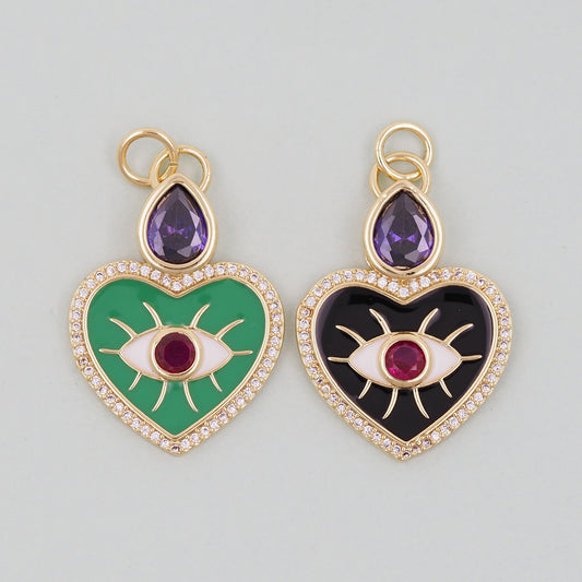 Gold Heart Evil Eye Charms,18K Gold Filled Heart Pendant,Green and Black Heart Eye Charm Bracelet Necklace for DIY Jewelry Making Supply