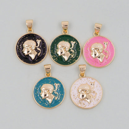 Gold Geometry Enamel Charms,18K Gold Filled Round Coin Pendant,geometry Charm Bracelet Necklace for DIY Jewelry Making Supply