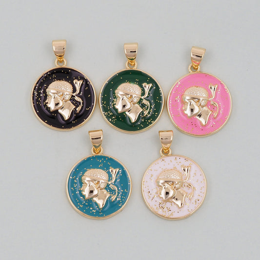 Gold Geometry Enamel Charms,18K Gold Filled Round Coin Pendant,geometry Charm Bracelet Necklace for DIY Jewelry Making Supply
