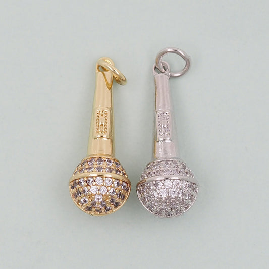 Gold Microphone Charms,18K Gold Filled CZ microphone Pendant,microphone Charm Bracelet Necklace for DIY Jewelry Making Supply
