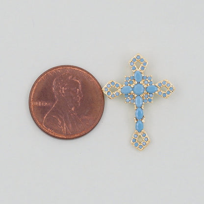 Gold Cross Charms,18K Gold Filled CZ turquoise Cross Pendant,Religious Charm Bracelet Necklace for DIY Jewelry Making Supply