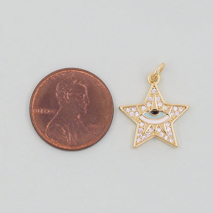 Gold Star Evil Eye Charms,18K Gold Filled CZ Micro Pave Star Pendant,Tiny Star Charm Bracelet Necklace for DIY Jewelry Making Supply