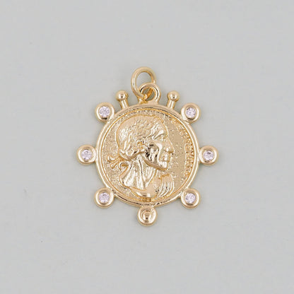 Gold Geometry Charms,18K Gold Filled Round Greece Coin Pendant,geometry Charm Bracelet Necklace for DIY Jewelry Making Supply