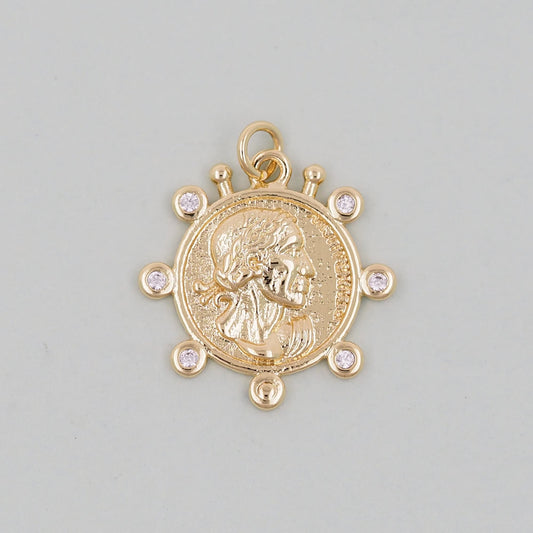 Gold Geometry Charms,18K Gold Filled Round Greece Coin Pendant,geometry Charm Bracelet Necklace for DIY Jewelry Making Supply