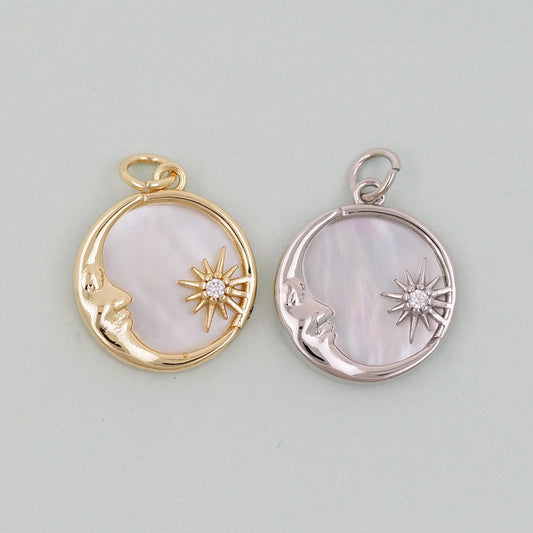 Gold Round Moon Sun Charms,18K Gold Filled Round Pendant,Moon Charm Bracelet Necklace for DIY Jewelry Making Supply