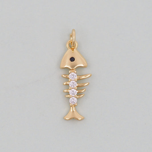 Gold fish bone Charms,18K Gold Filled CZ fish Pendant,fish Charm Bracelet Necklace for DIY Jewelry Making Supply
