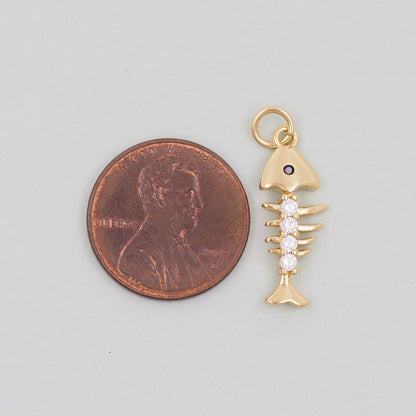 Gold fish bone Charms,18K Gold Filled CZ fish Pendant,fish Charm Bracelet Necklace for DIY Jewelry Making Supply