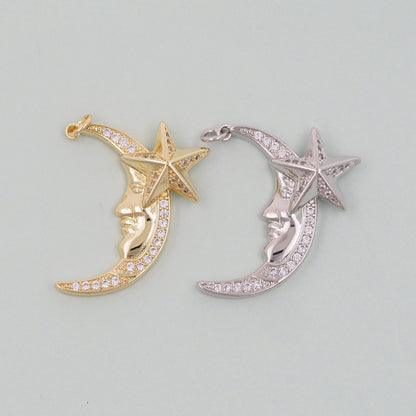 Gold Moon Star Charms,18K Gold Filled Moon Pendant,CZ Micro Pave Celestial Charm Bracelet Necklace for DIY Jewelry Making Supply