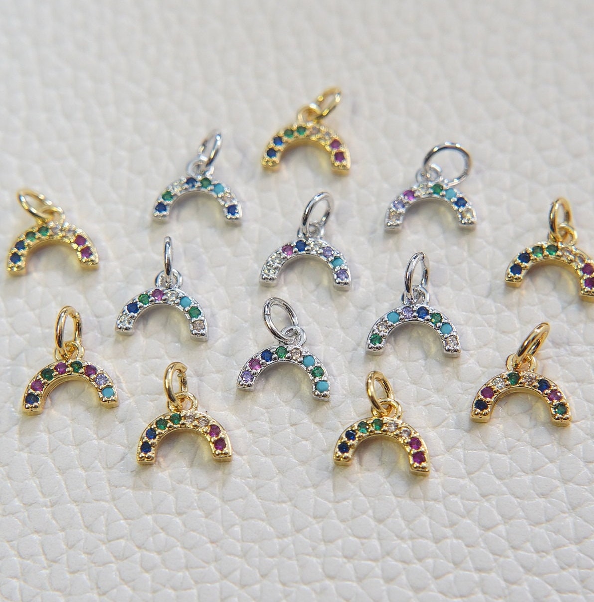 Gold Rainbow Charms,18K Gold Filled CZ rainbow Pendant,Silver rainbow Charm Bracelet Necklace for DIY Jewelry Making Supply