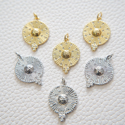 Gold Sun Charms,18K Gold Filled Round Coin Pendant,Celestial Charm Bracelet Necklace for DIY Jewelry Making Supply