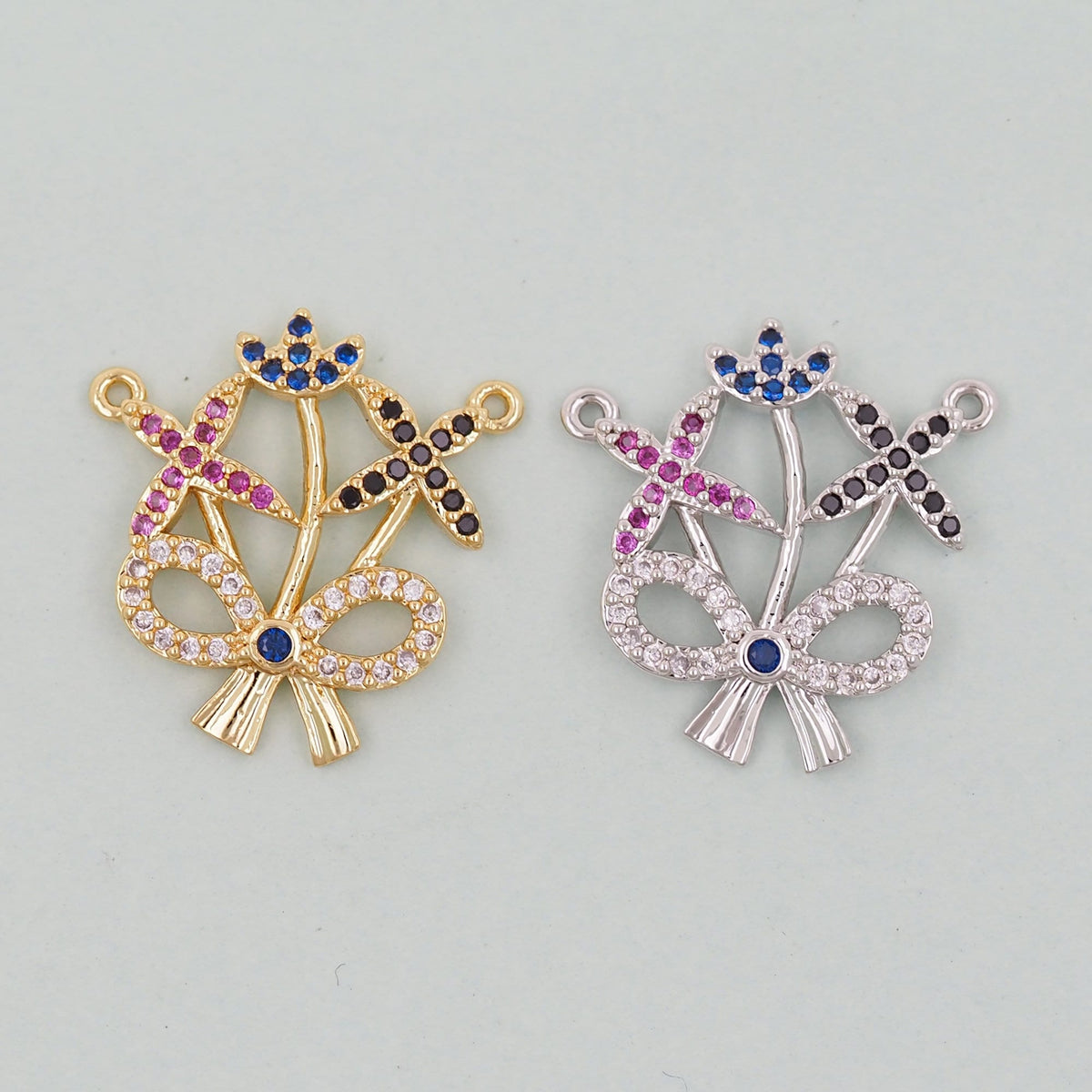 Gold Bow Charms,18K Gold Filled CZ Bow Pendant,Silver bow tie Charm Bracelet Necklace for DIY Jewelry Making Supply