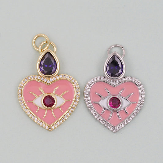 Gold Pink Heart Evil Eye Charms,18K Gold Filled Heart Pendant,Heart Eye Charm Bracelet Necklace for DIY Jewelry Making Supply