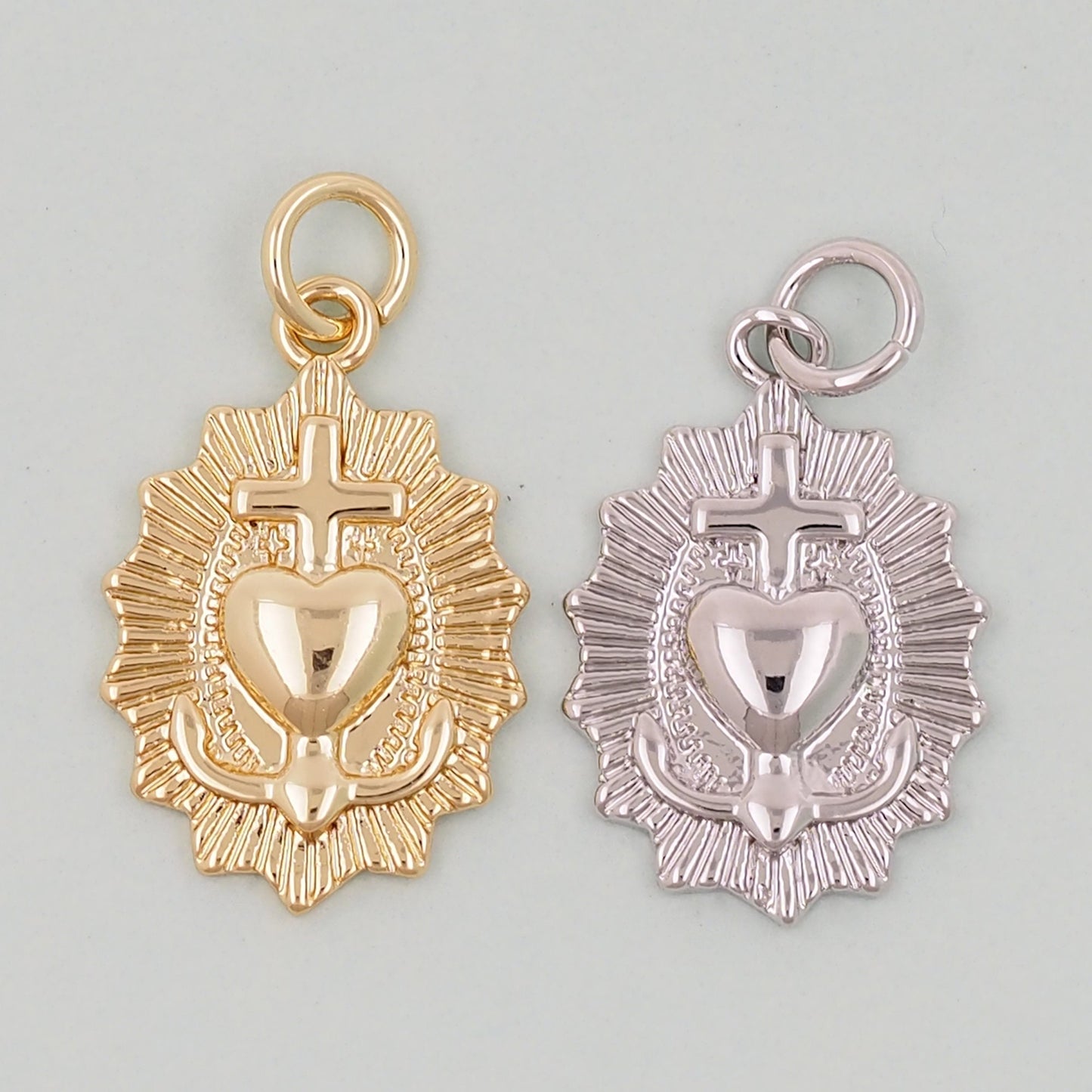 Gold Dainty Sacred Heart of Jesus Charm,Sunburst Textured Design Pendant,Religious Charm Bracelet Necklace for DIY Jewelry Making Supply