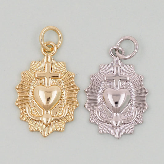 Gold Dainty Sacred Heart of Jesus Charm,Sunburst Textured Design Pendant,Religious Charm Bracelet Necklace for DIY Jewelry Making Supply