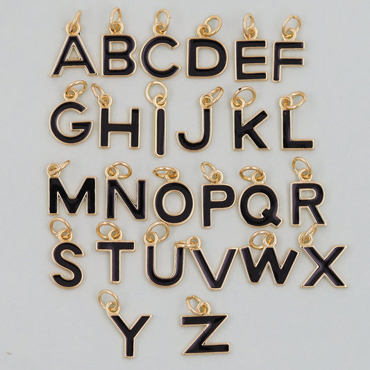Gold letter Charms,18K Gold Filled letter Pendant,Black enamel initial Charm Bracelet Necklace for DIY Jewelry Making Supply