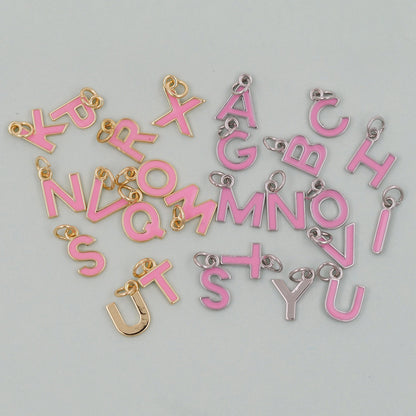 Gold letter Charms,18K Gold Filled letter Pendant,Pink enamel initial Charm Bracelet Necklace for DIY Jewelry Making Supply