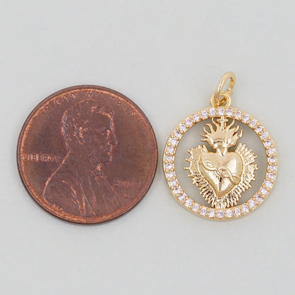 Gold sacred Heart Charms,18K Gold Filled sacred heart Pendant,Round Religious Charm Bracelet Necklace for DIY Jewelry Making Supply