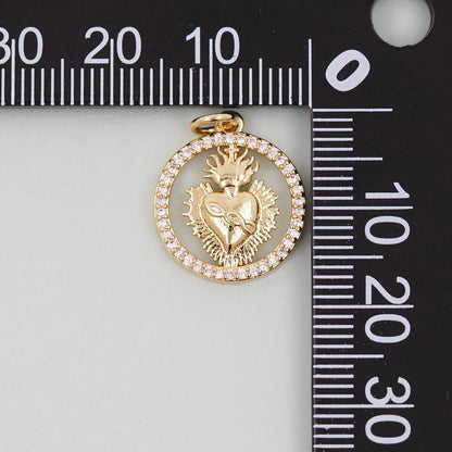 Gold sacred Heart Charms,18K Gold Filled sacred heart Pendant,Round Religious Charm Bracelet Necklace for DIY Jewelry Making Supply