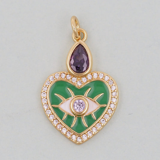 Gold Heart Evil Eye Charms,18K Gold Filled Heart Pendant,Green Heart Eye Charm Bracelet Necklace for DIY Jewelry Making Supply