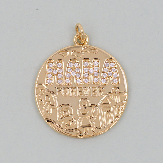 Gold Mama Charms,18K Gold Filled Round Coin Pendant,Mama Charm Bracelet Necklace for DIY Jewelry Making Supply