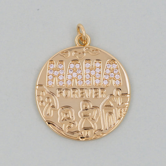 Gold Mama Charms,18K Gold Filled Round Coin Pendant,Mama Charm Bracelet Necklace for DIY Jewelry Making Supply