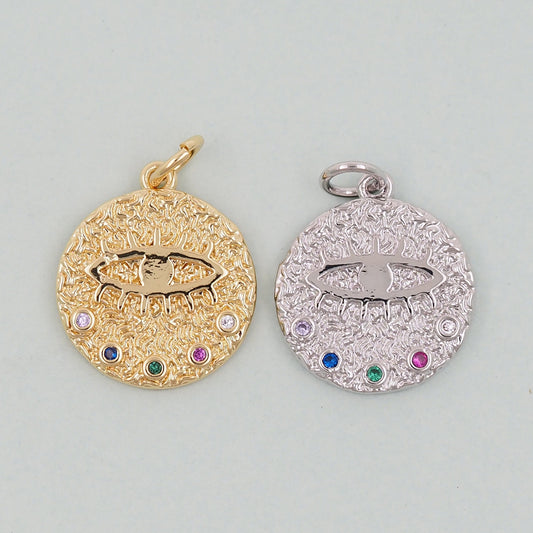 Gold Round Coin Charms,18K Gold Filled Round Eye Pendant,Evil Eye Charm Bracelet Necklace for DIY Jewelry Making Supply