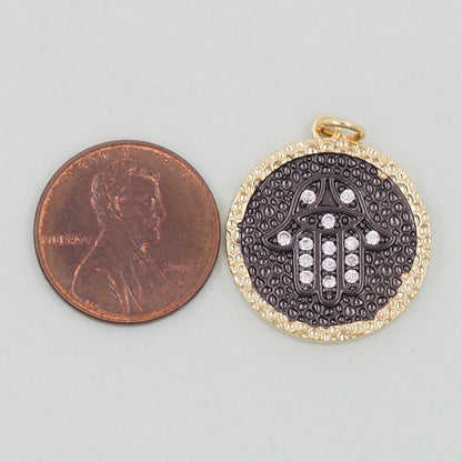 Gold Black Hamsa Charms,18K Gold Filled CZ Hamsa Pendant,Round Hamsa Protection Charms Bracelet Necklace for DIY Jewelry Making Supply
