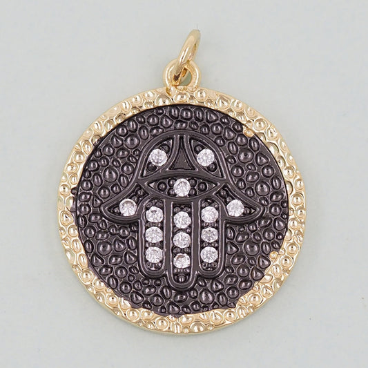 Gold Black Hamsa Charms,18K Gold Filled CZ Hamsa Pendant,Round Hamsa Protection Charms Bracelet Necklace for DIY Jewelry Making Supply
