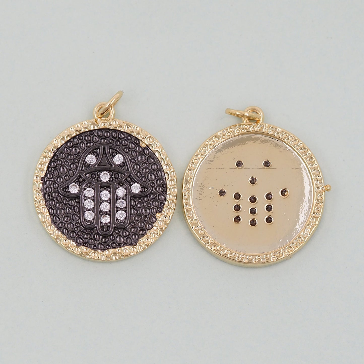 Gold Black Hamsa Charms,18K Gold Filled CZ Hamsa Pendant,Round Hamsa Protection Charms Bracelet Necklace for DIY Jewelry Making Supply