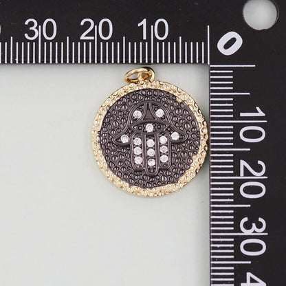 Gold Black Hamsa Charms,18K Gold Filled CZ Hamsa Pendant,Round Hamsa Protection Charms Bracelet Necklace for DIY Jewelry Making Supply