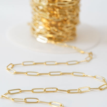 Gold Oval Chain,18K Gold Filled Rectangle paper clip Chain for Necklace Bracelet DIY Jewelry Making Supply 3x9mm