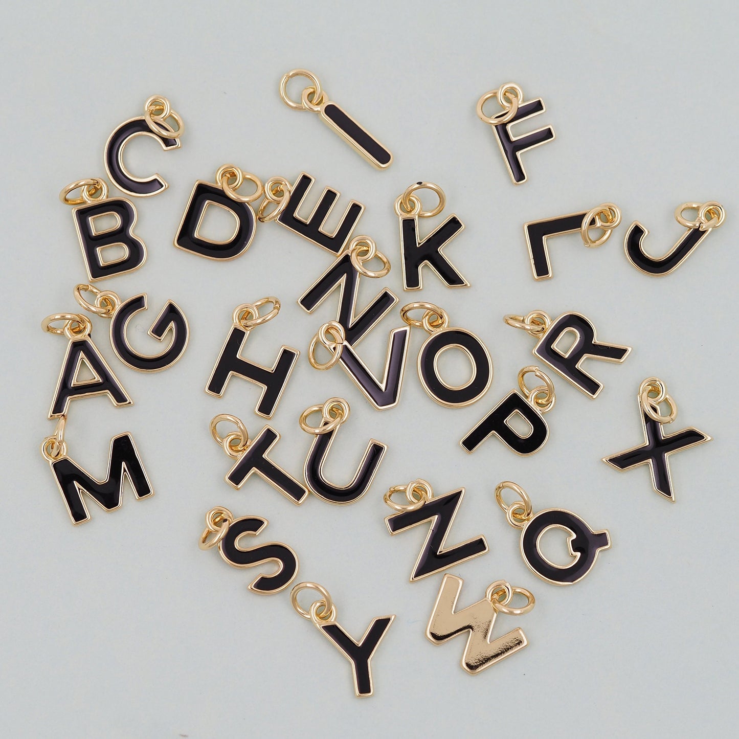 Gold letter Charms,18K Gold Filled letter Pendant,Black enamel initial Charm Bracelet Necklace for DIY Jewelry Making Supply