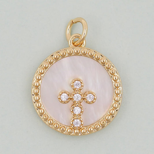 18K Gold Filled Cross Pendant,Round Cross Charm Bracelet Necklace for DIY Jewelry Making Supply
