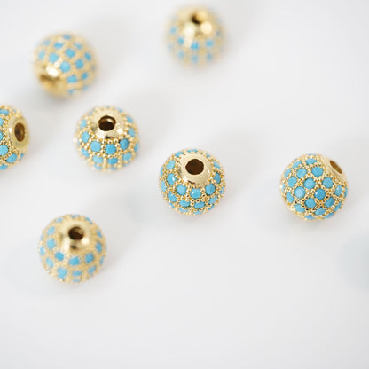 Gold CZ Spacer Beads Charms,18K Gold turquoise Round Beads Bracelet Necklace for DIY Jewelry Making Supply 8mm