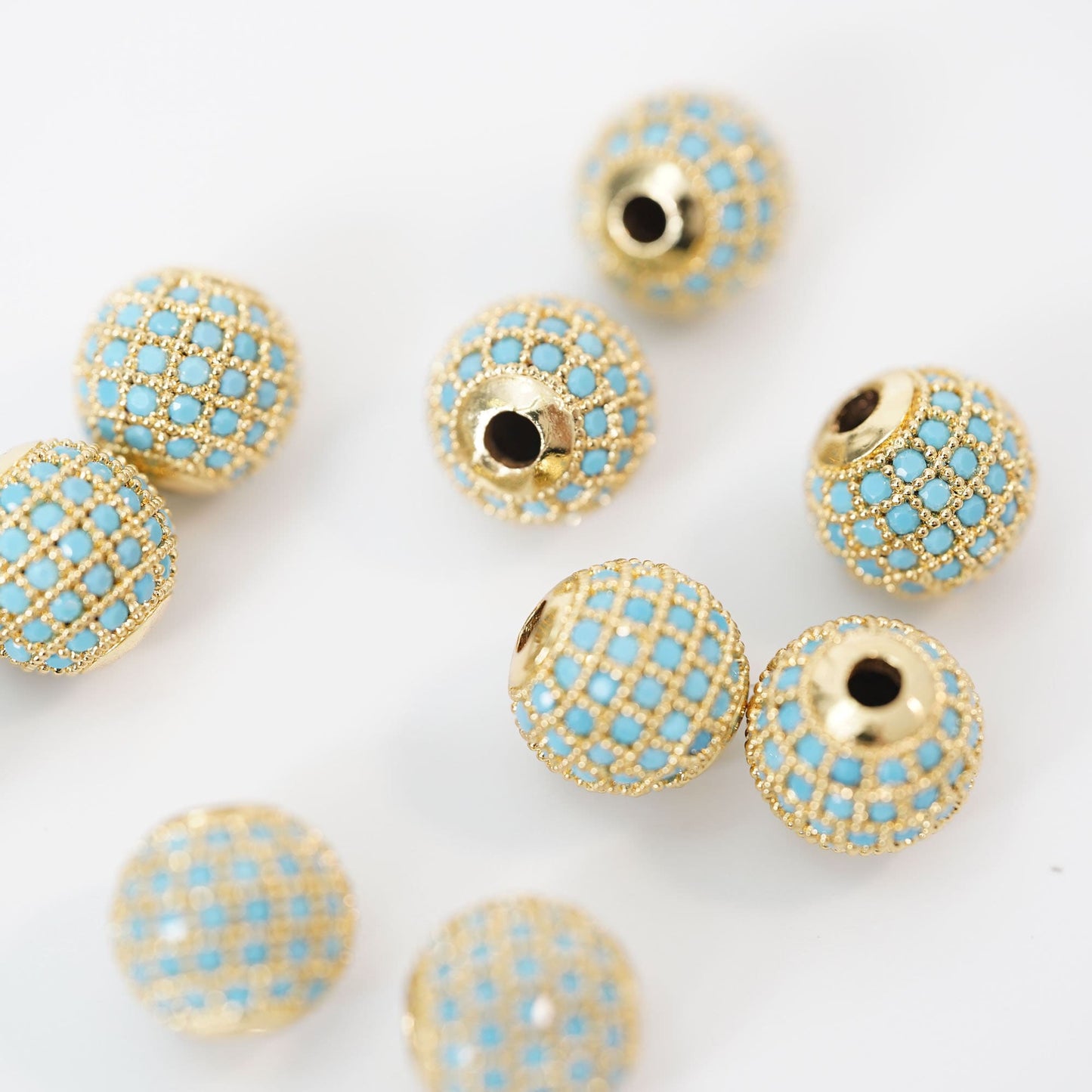 Gold CZ Spacer Beads Charms,18K Gold turquoise Round Beads Bracelet Necklace for DIY Jewelry Making Supply 10mm