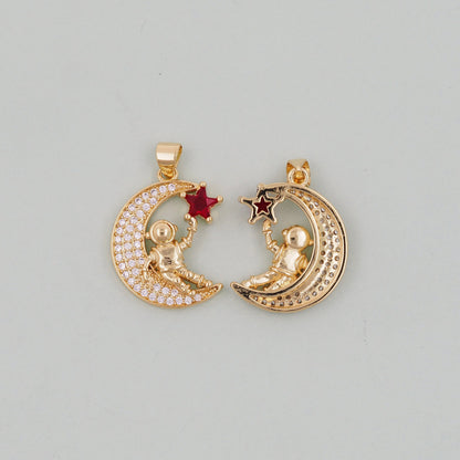 Gold Moon Charms,18K Gold Filled CZ Moon Astronaut Pendant,Celestial Charm Bracelet Necklace for DIY Jewelry Making Supply